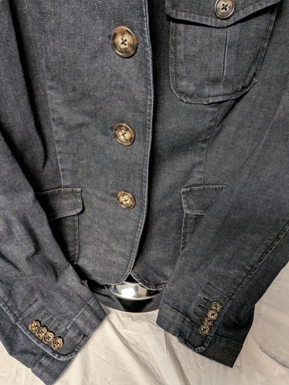 Talbots Jacket Women Sz 10 Black Denim Jean Collar 3 Button Front Stretch - Picture 3 of 7